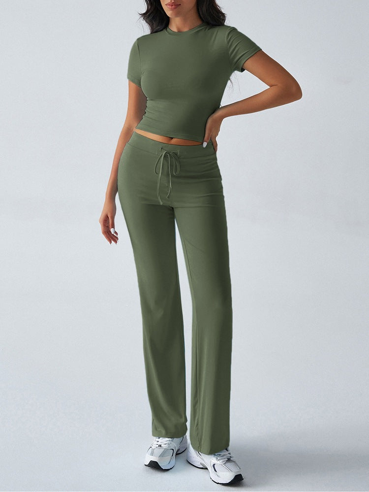 Conjunto de pantalón informal de manga corta y cuello redondo para mujer