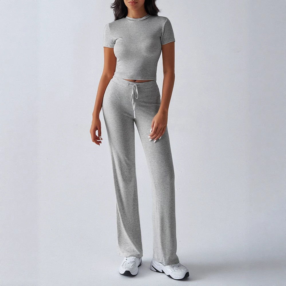 Conjunto de pantalón informal de manga corta y cuello redondo para mujer