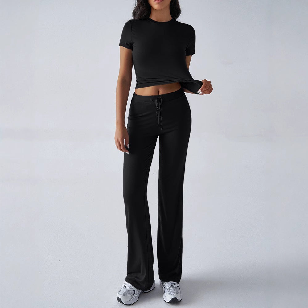 Conjunto de pantalón informal de manga corta y cuello redondo para mujer