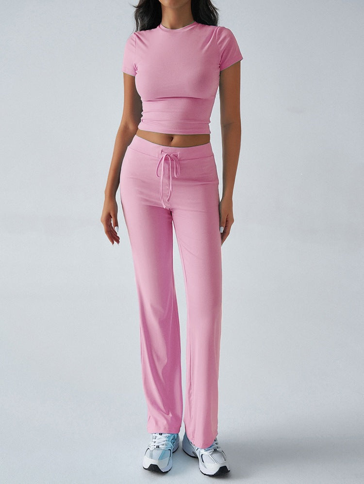 Conjunto de pantalón informal de manga corta y cuello redondo para mujer