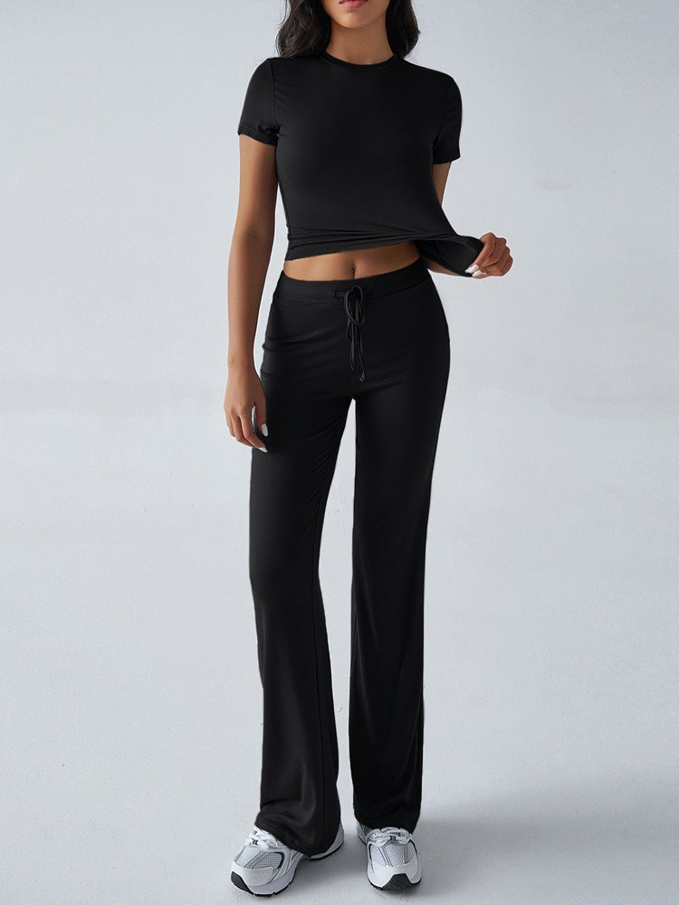 Conjunto de pantalón informal de manga corta y cuello redondo para mujer