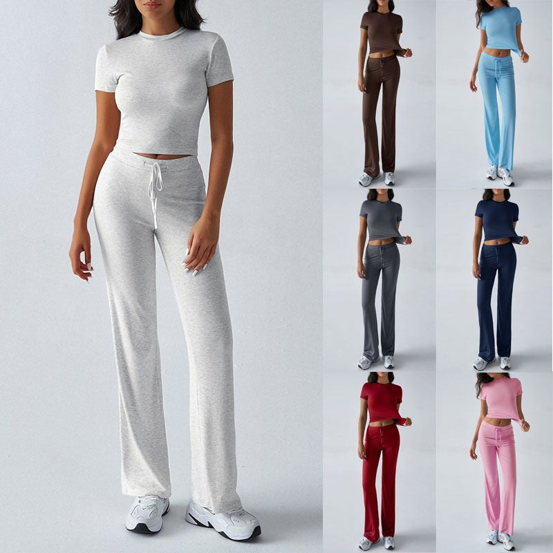 Conjunto de pantalón informal de manga corta y cuello redondo para mujer