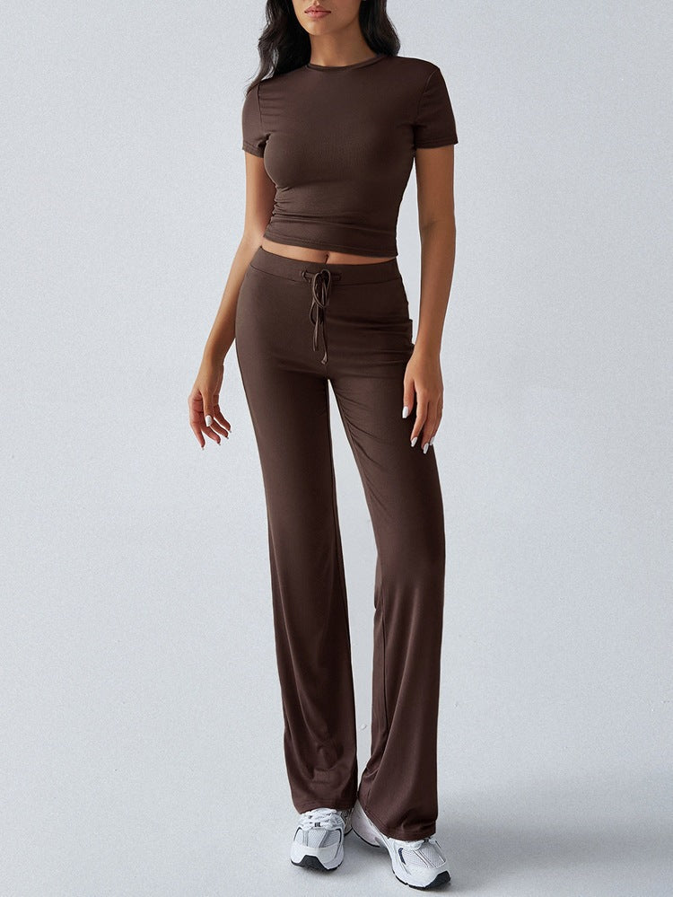 Conjunto de pantalón informal de manga corta y cuello redondo para mujer
