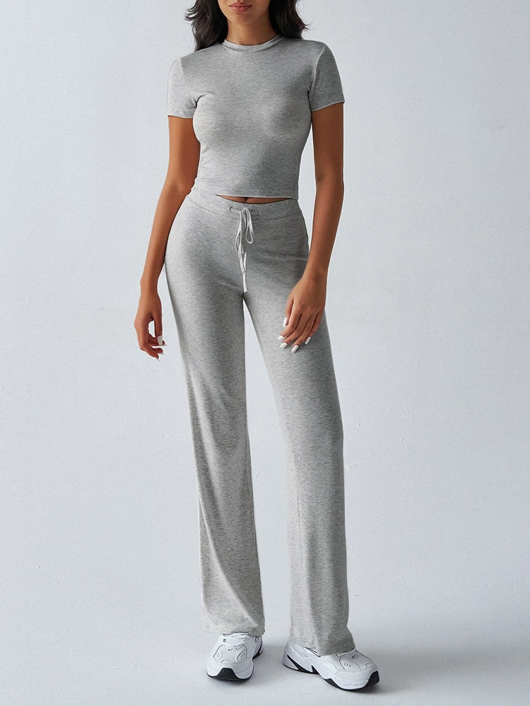 Conjunto de pantalón informal de manga corta y cuello redondo para mujer