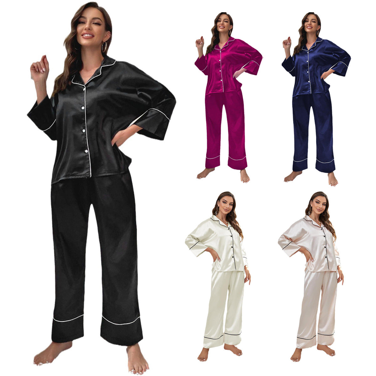 Conjunto de pijama de seda de hielo de manga larga y pantalón para mujer