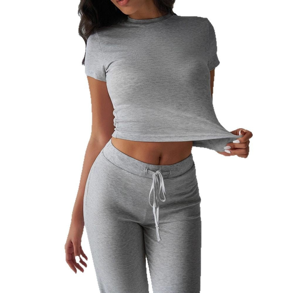 Conjunto de pantalón informal de manga corta y cuello redondo para mujer