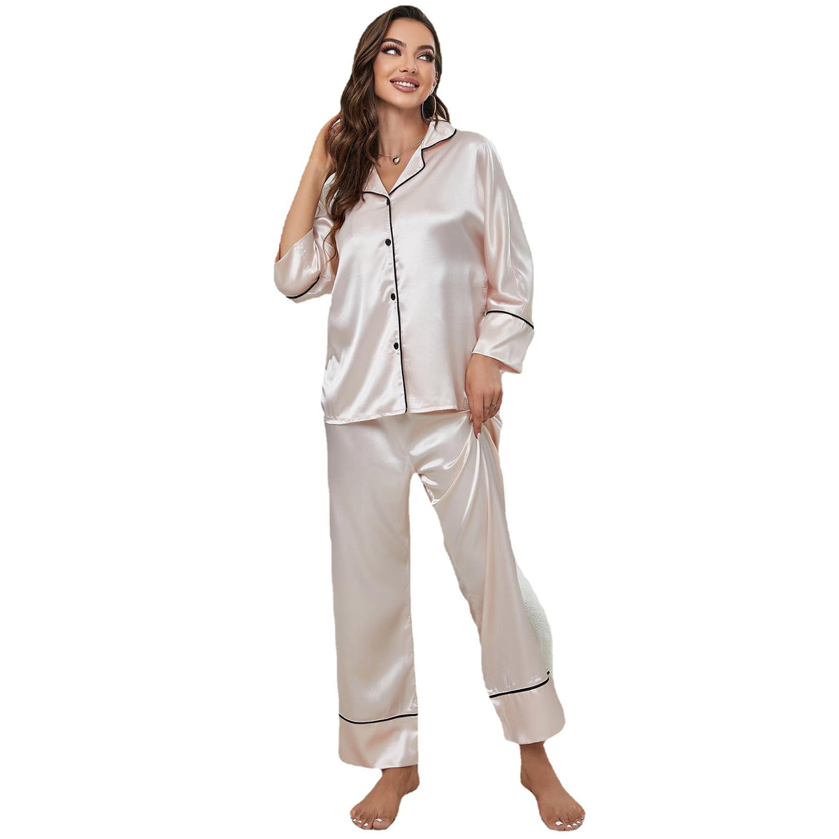 Conjunto de pijama de seda de hielo de manga larga y pantalón para mujer