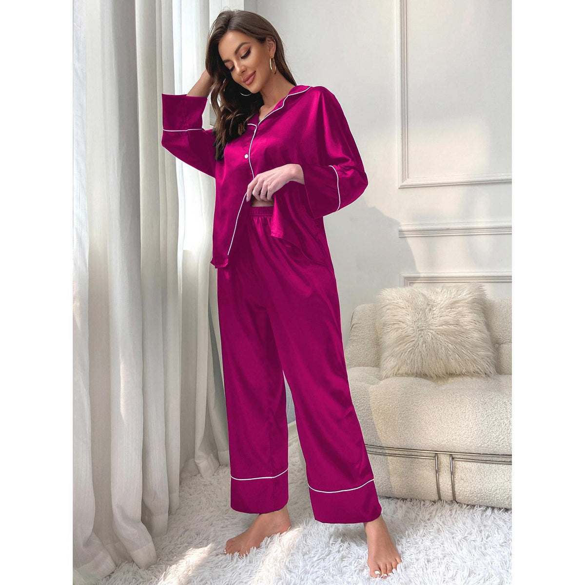 Conjunto de pijama de seda de hielo de manga larga y pantalón para mujer