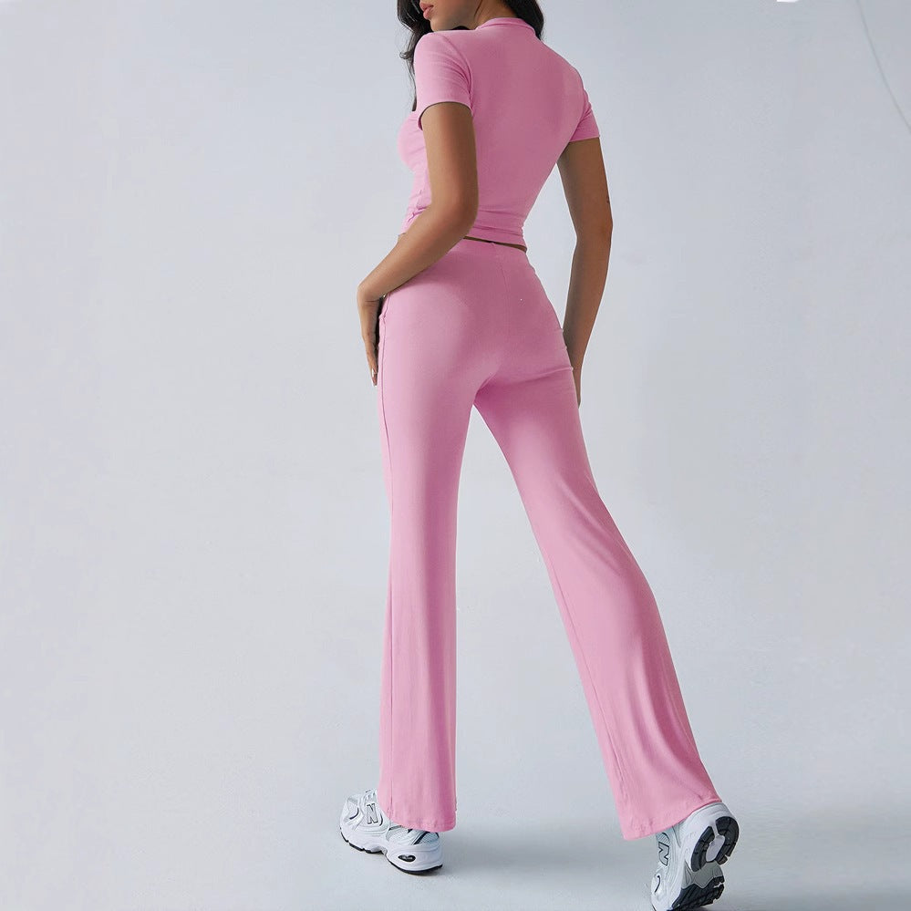 Conjunto de pantalón informal de manga corta y cuello redondo para mujer