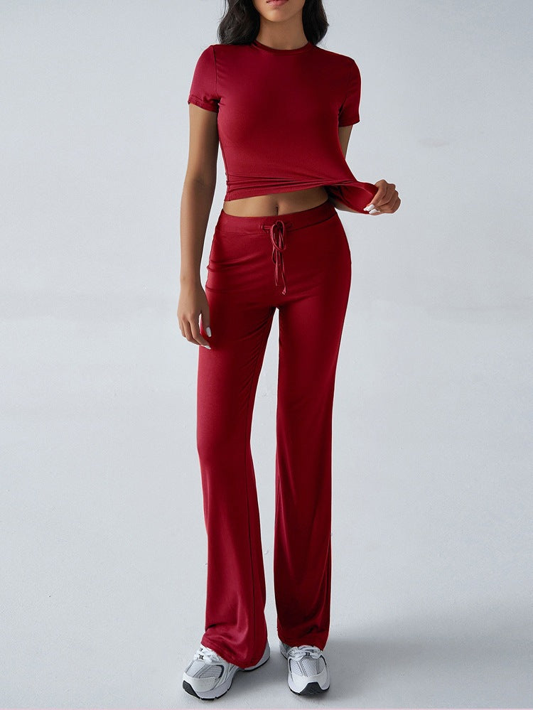 Conjunto de pantalón informal de manga corta y cuello redondo para mujer