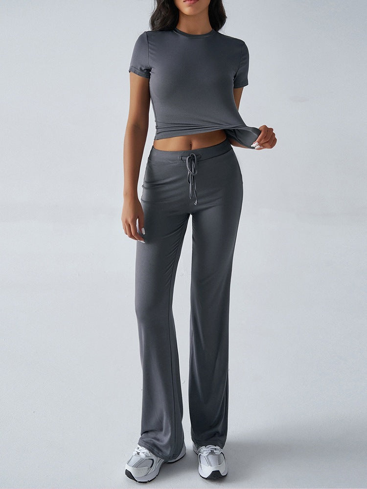 Conjunto de pantalón informal de manga corta y cuello redondo para mujer